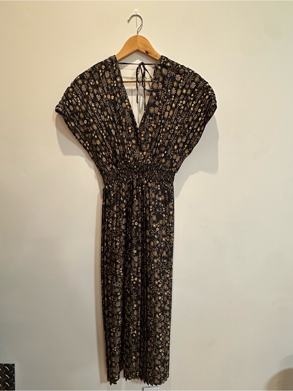 Sandro Black Floral Tie-Back Smocked Waist Maxi Dress